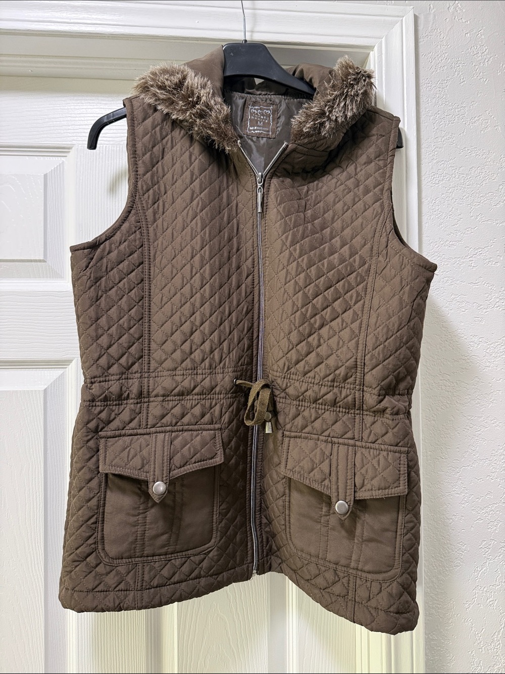 Three Hearts Quilted Brown Hooded Vest with Faux Fur Trim
